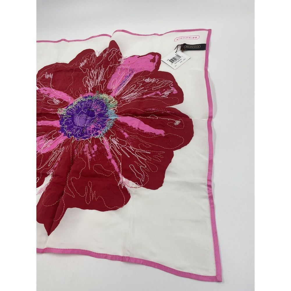 Coach Vintage 100% Silk Bandana Poppy Embroidered Red Pink 17" HTF Peace NWT - Picture 10 of 11